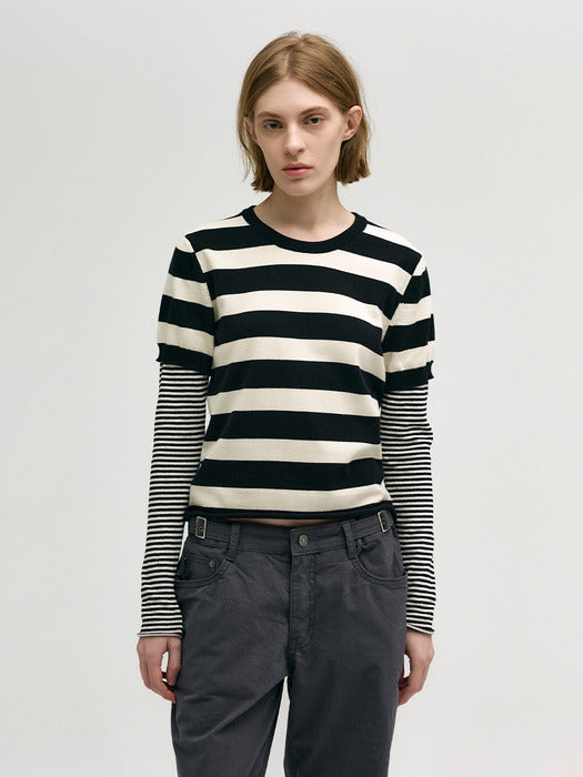 STRIPE LAYERED KNIT TOP_black/ivory