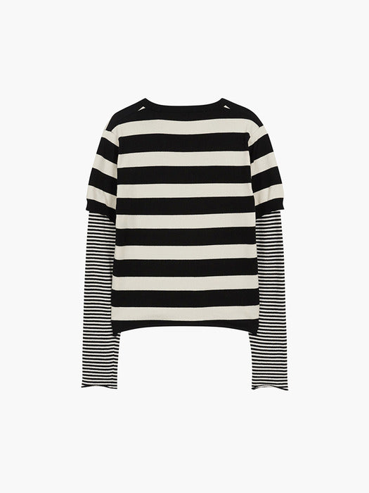 STRIPE LAYERED KNIT TOP_black/ivory