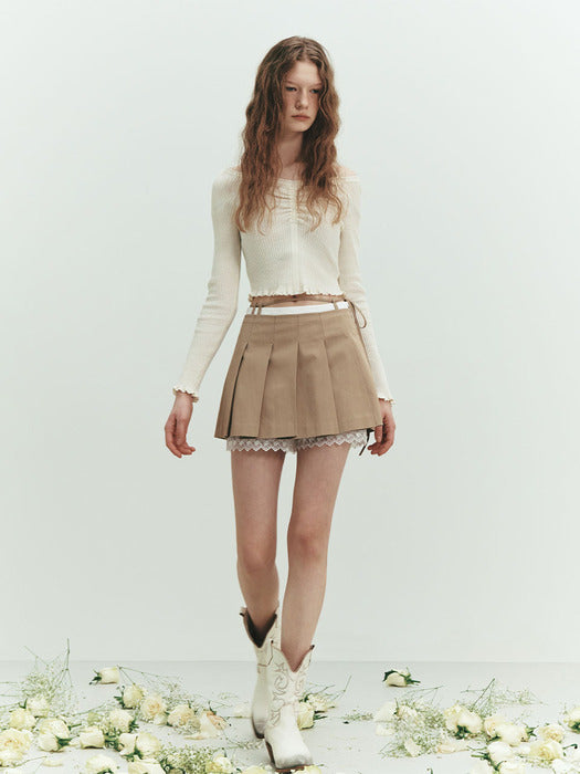 Raive Lace Layered Pleats Skirt in Beige