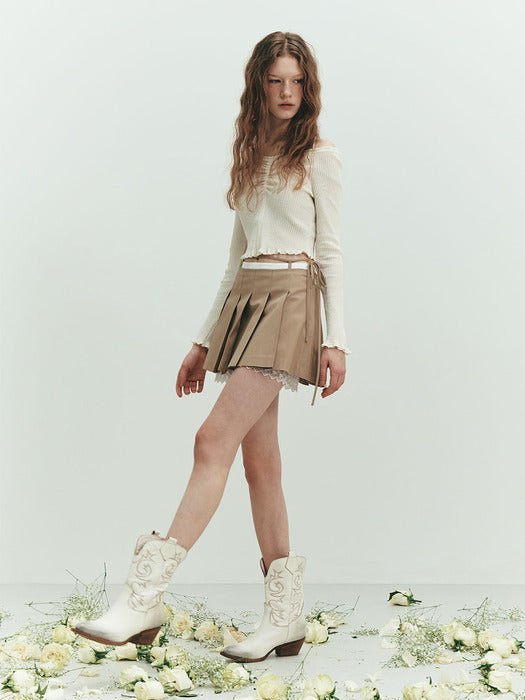 Raive Lace Layered Pleats Skirt in Beige