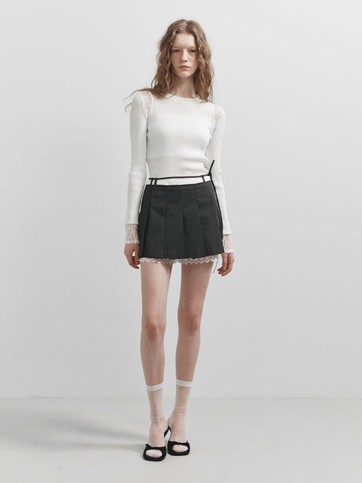 Raive Lace Layered Pleats Skirt in D/Khaki