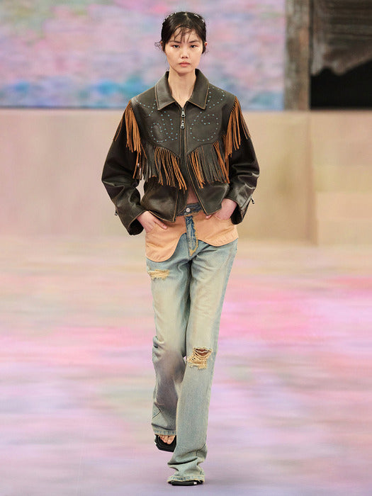 [andersson bell] FRINGE PUNCHING LEATHER JACKET awa707w(BROWN)