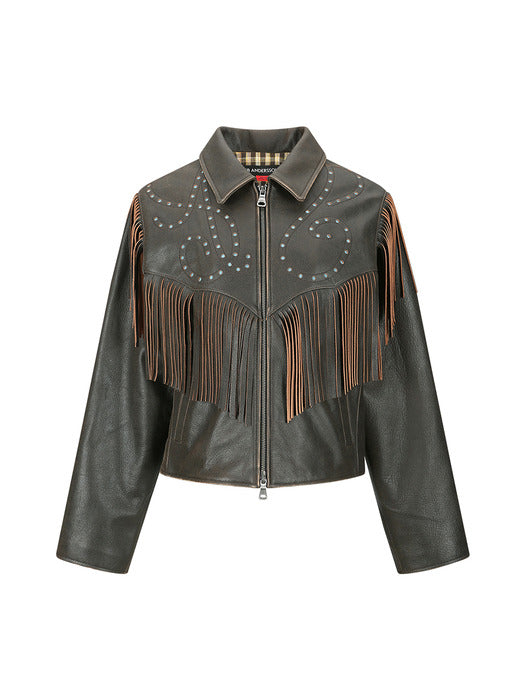 [andersson bell] FRINGE PUNCHING LEATHER JACKET awa707w(BROWN)