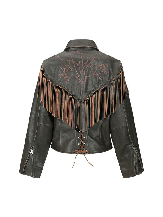 [andersson bell] FRINGE PUNCHING LEATHER JACKET awa707w(BROWN)