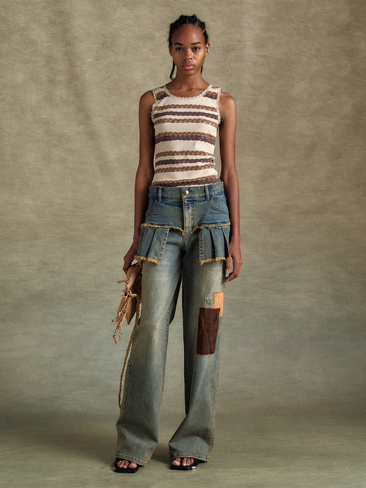 [andersson bell] PATCHWORK DENIM PLEATS SKIRT JEANS apa799w(WASHED BLUE)