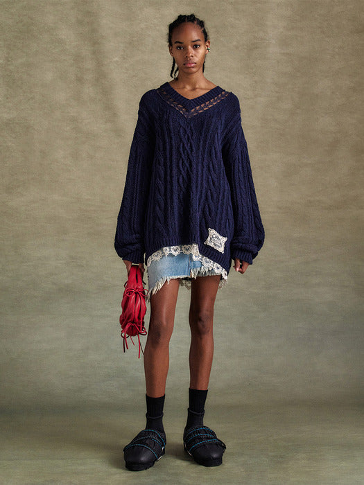 [andersson bell] LACE CHUNKY V-NECK KNIT atb1260w(NAVY)