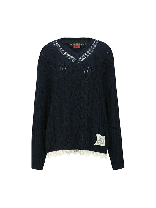 [andersson bell] LACE CHUNKY V-NECK KNIT atb1260w(NAVY)