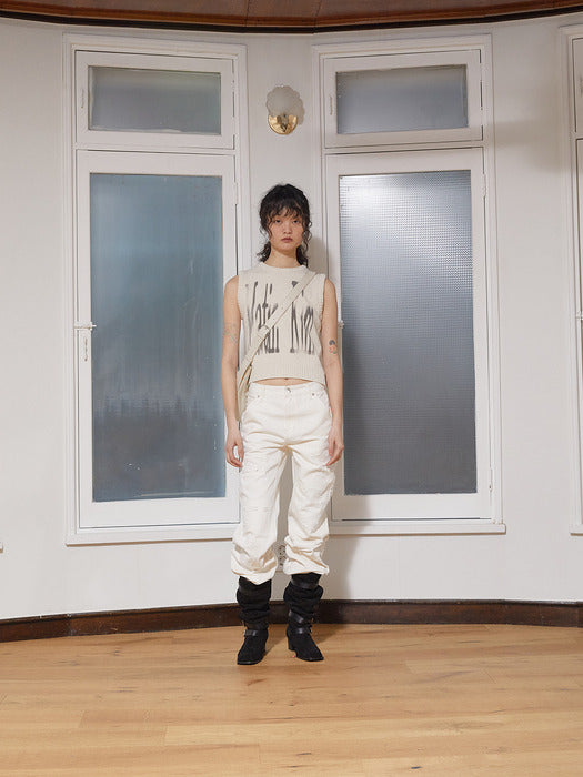 DAMAGE PATCH DENIM PANTS IN IVORY