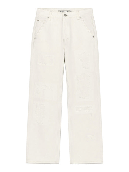 DAMAGE PATCH DENIM PANTS IN IVORY