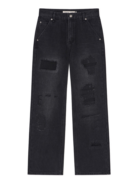 DAMAGE PATCH DENIM PANTS IN BLACK
