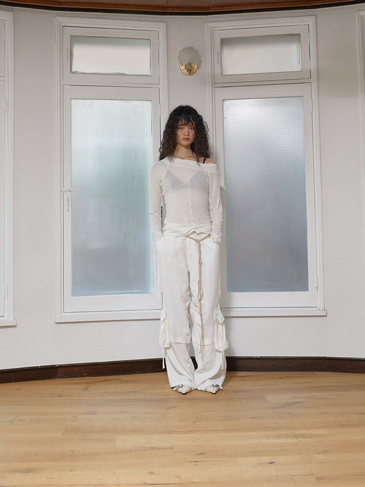 STRING POCKET WIDE CARGO PANTS IN WHITE