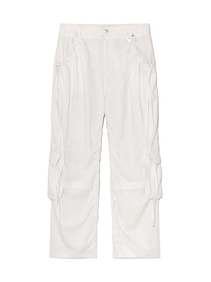 STRING POCKET WIDE CARGO PANTS IN WHITE
