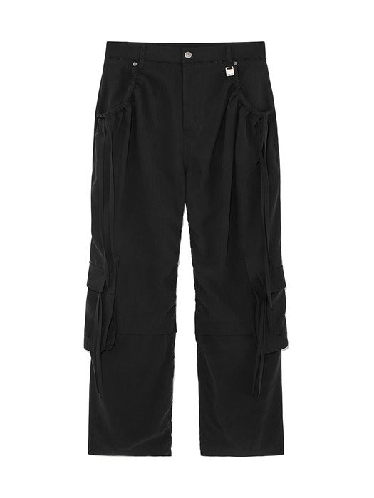 STRING POCKET WIDE CARGO PANTS IN BLACK