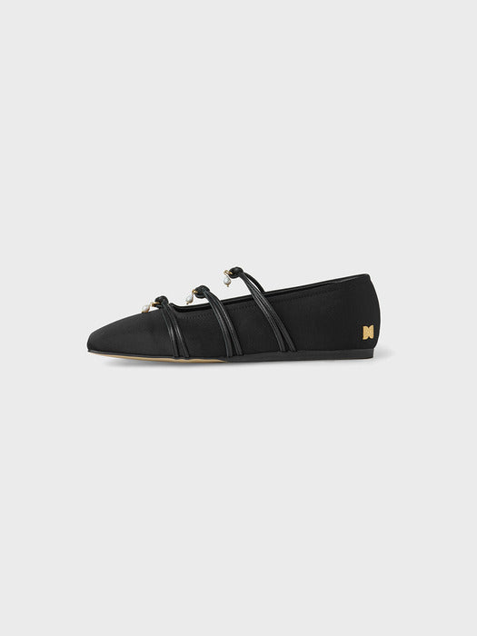 Eenk Square Toe Triple Strap Flats - Black
