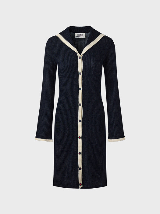 Eenk Sailor Collar Long Knit Cardigan - Navy