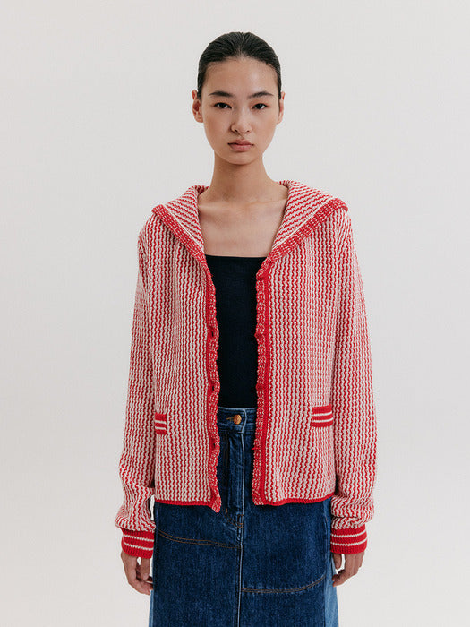 Eenk Sailor Collar Knit Cardigan - Red