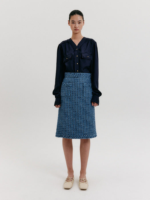 Eenk Tweed Midi Skirt - Blue