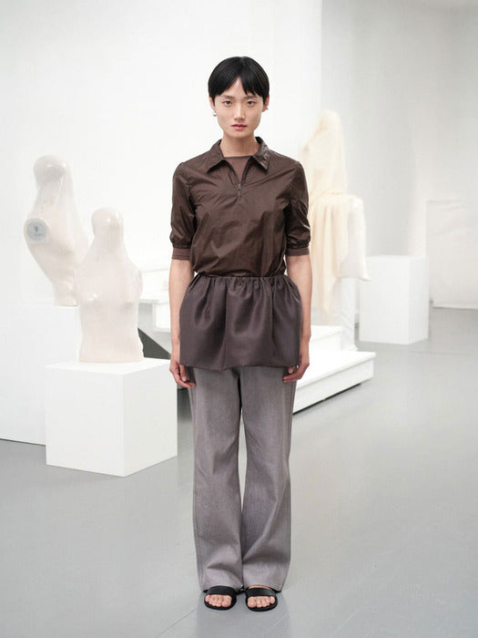 Amomento Sheer Half Zip-UP Top Brown