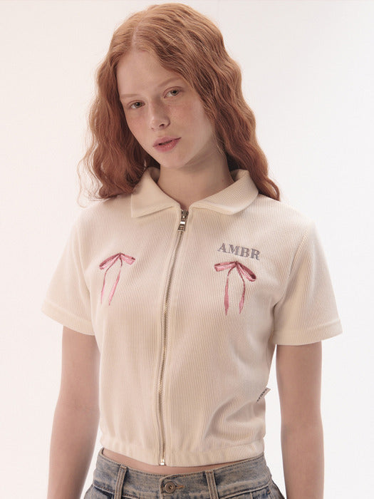 [ambler] More ribbon please Crop Collared Zip-up T-Shirts Knit ACZ201 (Ivory)