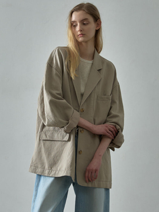 [facade pattern] Linen Curved Sleeve Blazer_Olive Beige