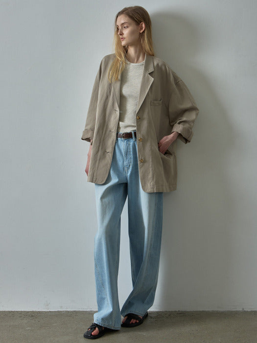 [facade pattern] Linen Curved Sleeve Blazer_Olive Beige