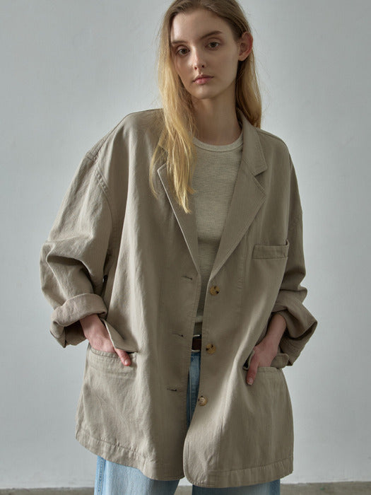 [facade pattern] Linen Curved Sleeve Blazer_Olive Beige