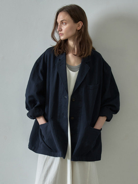[facade pattern] Linen Curved Sleeve Blazer_navy