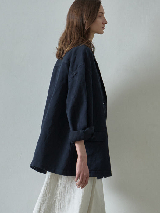 [facade pattern] Linen Curved Sleeve Blazer_navy