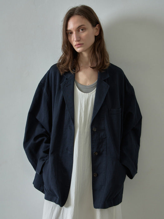 [facade pattern] Linen Curved Sleeve Blazer_navy