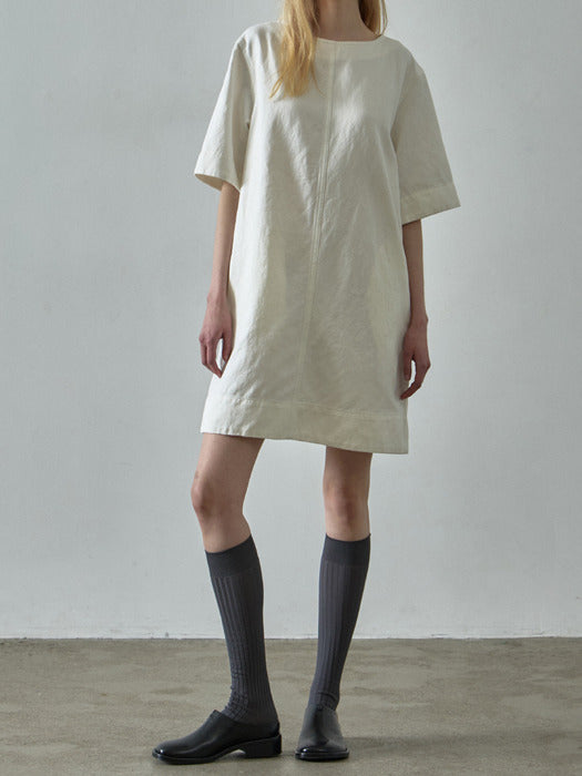 Facade Pattern Linen Half Sleeve Dress white