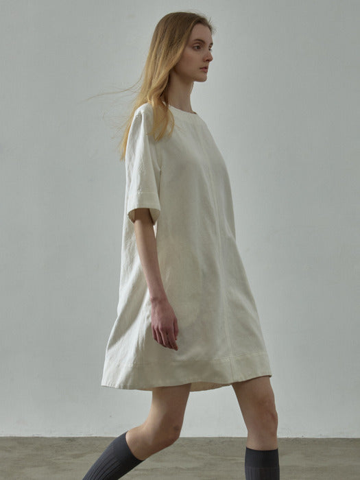 Facade Pattern Linen Half Sleeve Dress white