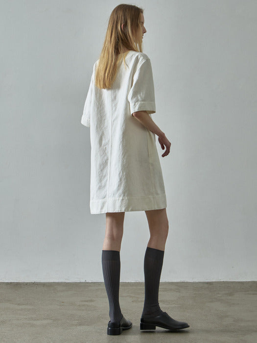 Facade Pattern Linen Half Sleeve Dress white