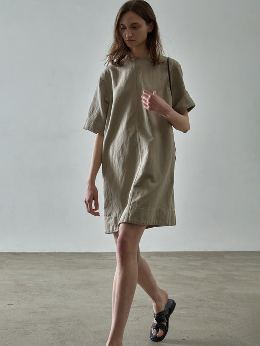 Facade Pattern Linen Half Sleeve Dress olive beige