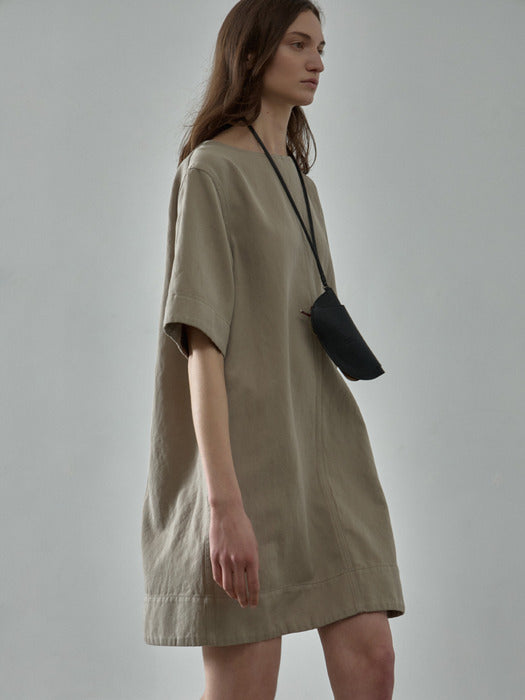 Facade Pattern Linen Half Sleeve Dress olive beige