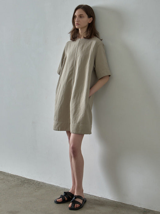 Facade Pattern Linen Half Sleeve Dress olive beige