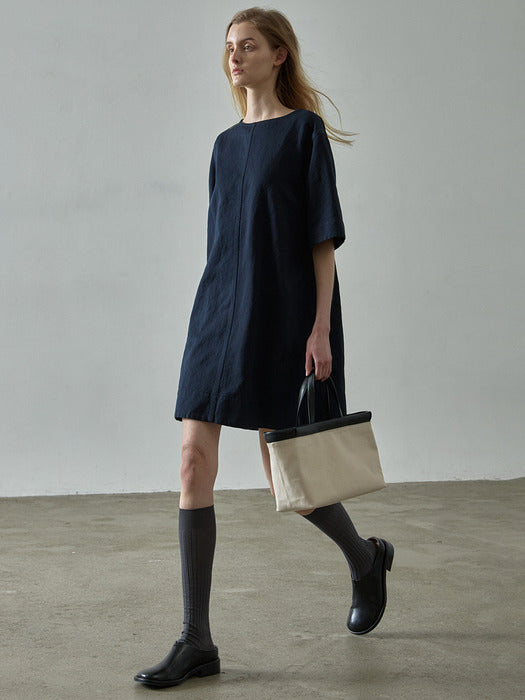 Facade Pattern Linen Half Sleeve Dress navy