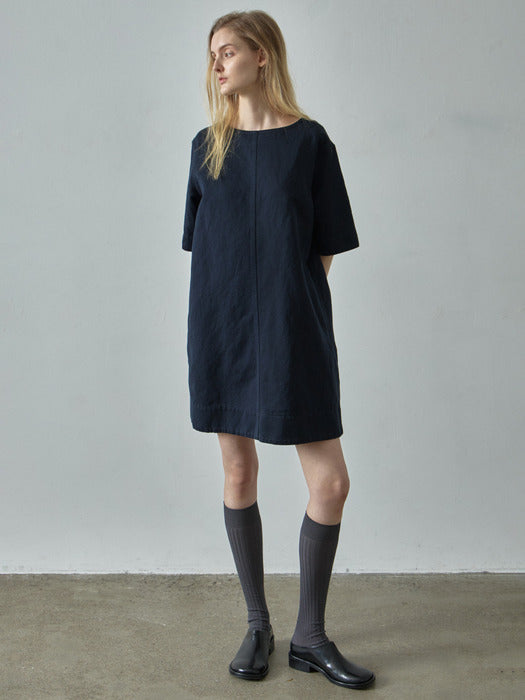 Facade Pattern Linen Half Sleeve Dress navy