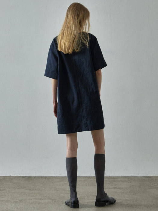 Facade Pattern Linen Half Sleeve Dress navy