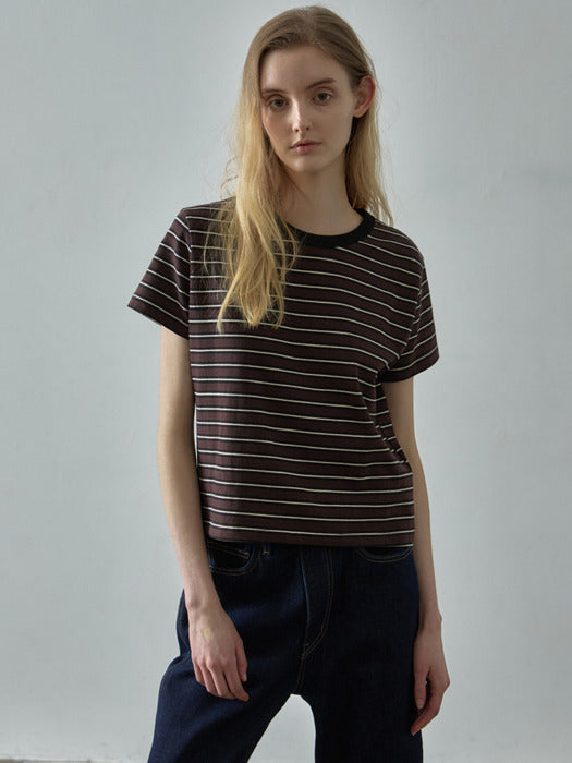 [facade pattern] Striped Crop Tee - Brown