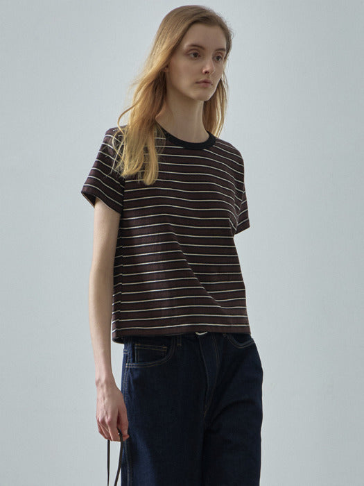 [facade pattern] Striped Crop Tee - Brown