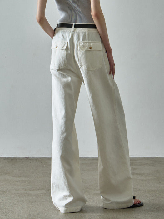 Facade Pattern Linen Double Pocket Pants white