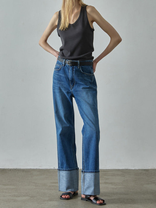 Facade Pattern Turn-up Straight Denim vintage mid blue