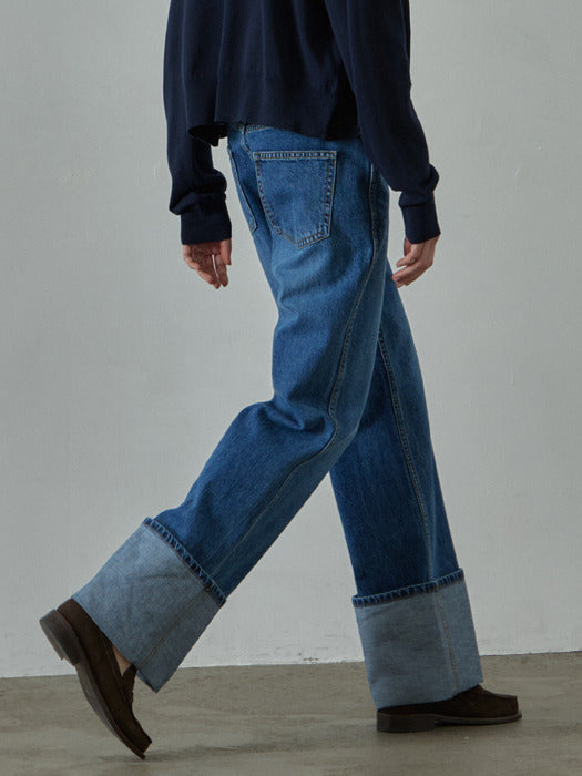 [facade pattern] Vintage Mid Blue Turn-Up Straight Denim