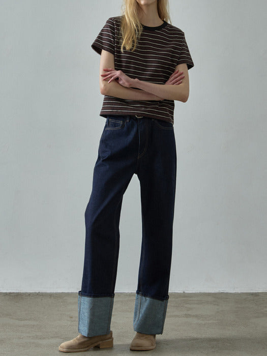 Facade Pattern Turn-up Straight Denim deep indigo