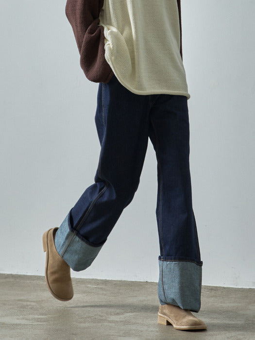 Facade Pattern Turn-up Straight Denim deep indigo
