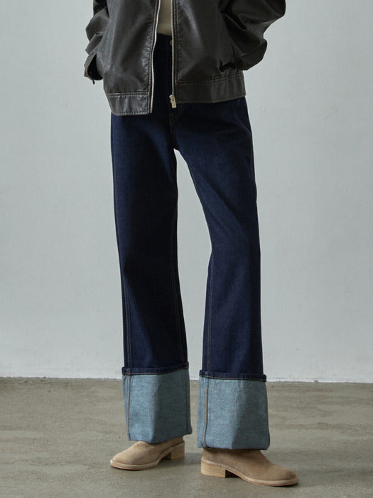 Facade Pattern Turn-up Straight Denim deep indigo