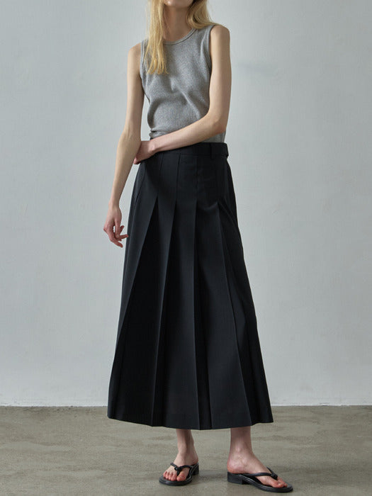 Facade Pattern Summer Wool Pleated Long Skirt black