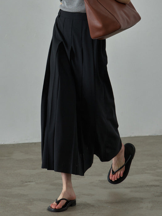 Facade Pattern Summer Wool Pleated Long Skirt black