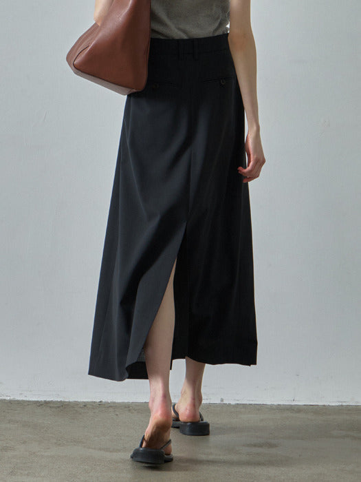 Facade Pattern Summer Wool Pleated Long Skirt black