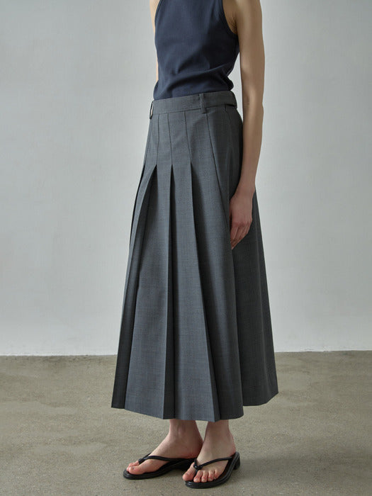 Facade Pattern Summer Wool Pleated Long Skirt charcoal
